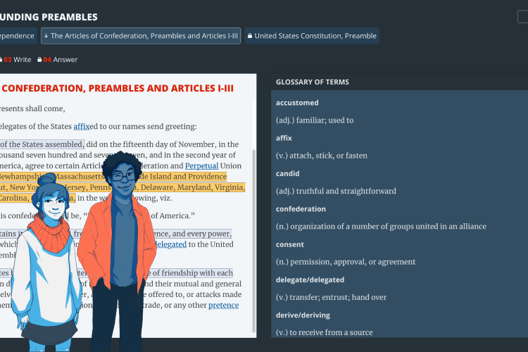 2 writing assistants in front of a screenshot of DBQuest's analyze stage, with the glossary open.