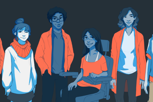 illustration of dbquest assistants, 4 young adults illustrated in bright orange and dark blues