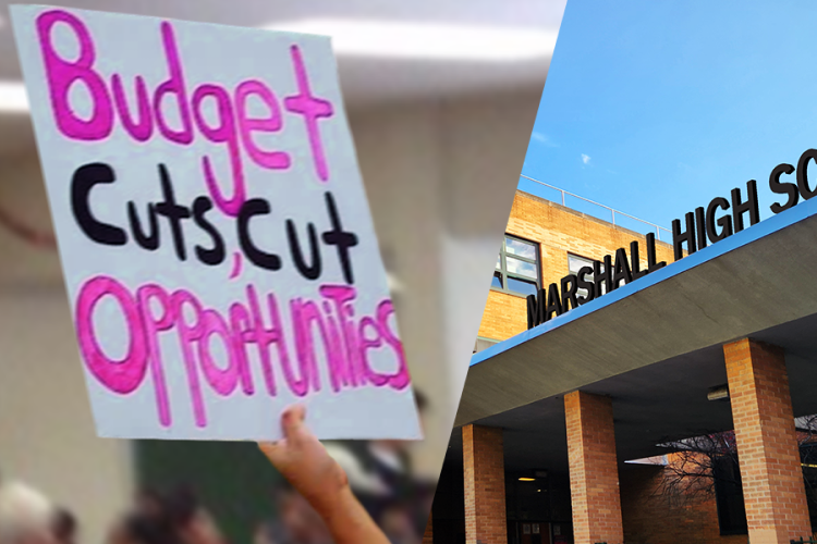 2 images spliced together: on the left, a hand holding a sign saying "Budget cuts, cut opportunities". On the right, an image of Marshall High School