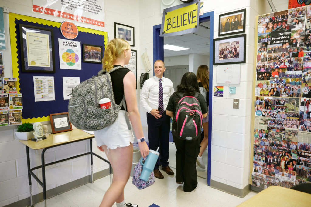 students exiting classroom