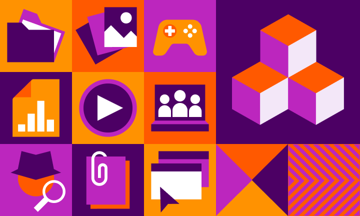 Decorative graphic image showing different resource icons (curriculum unit, dbquest, game, etc.) in colorful hues of eggplant, magenta, and tangerine.