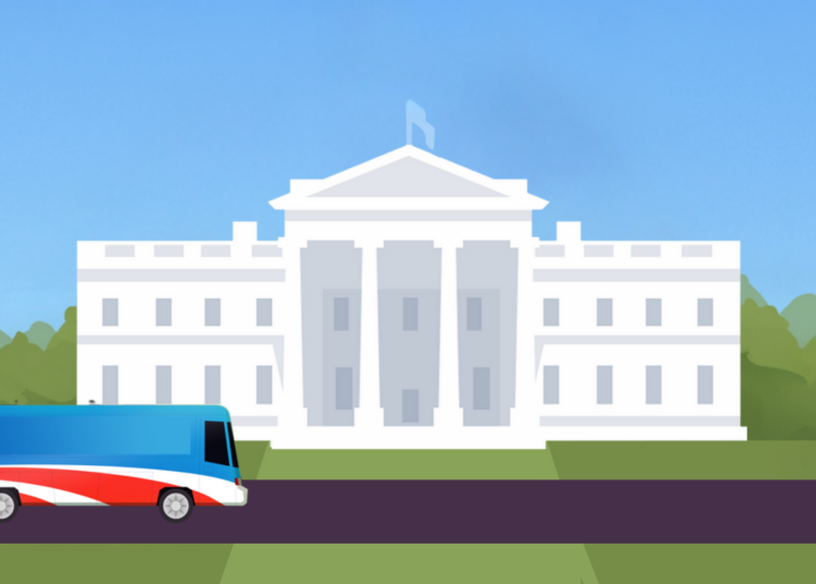 Graphic of White House and campaign bus to represent election-focused teaching resources specific to high school, middle school, and elementary students.