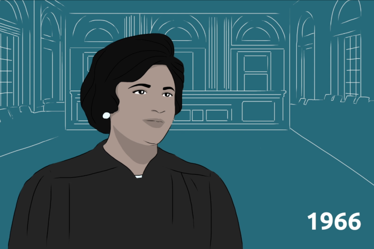 Illustration of a Constance Baker Motley in a judge's robe in a courtroom with "1966" in the corner.