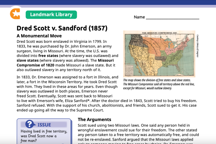 Lesson Plan page about Dred Scott v. Sandford with a map of the Missouri Compromise divisions and explanation of the case.