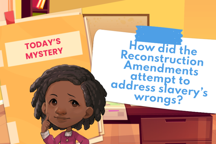 Illustrated scene with Private i History Detective and documents, including "Today's Mystery" and a question about the Reconstruction