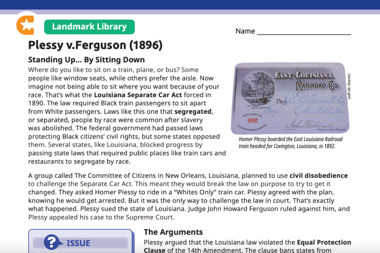 Lesson Plan on Plessy v. Ferguson (1896) with text about the case and a vintage train ticket image.