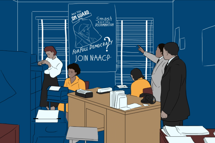 Illustration of a busy office with four people and a poster about joining the NAACP.