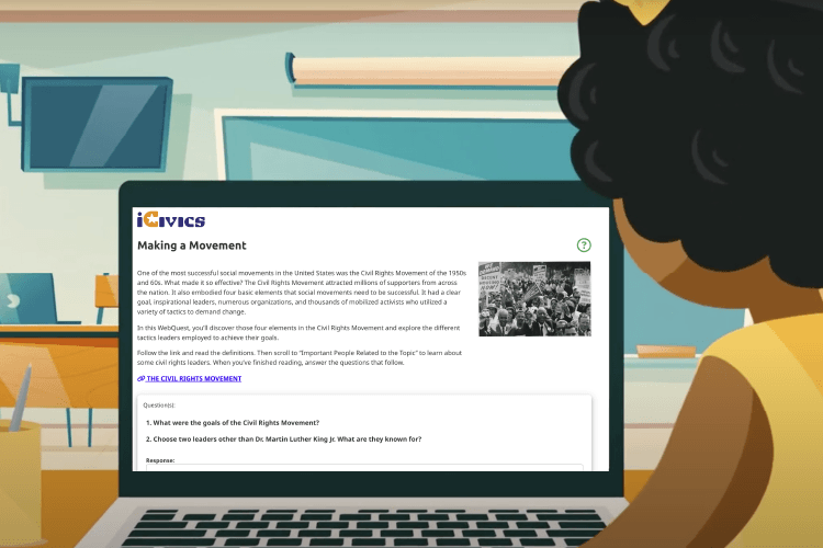 Animated student engaging with an webquest about the Civil Rights Movement on a laptop in a classroom setting.