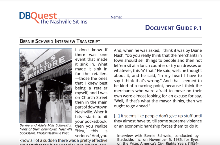 Page of the Nashville Sit In DBQuest reading with a photo of Bernie and Adele Mills Schweid.