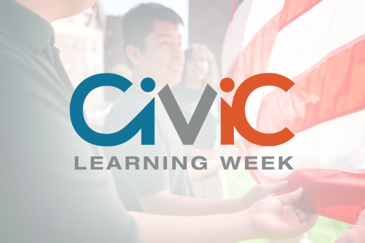 Students holding a flag faded with Civic Learning Week logo on top.