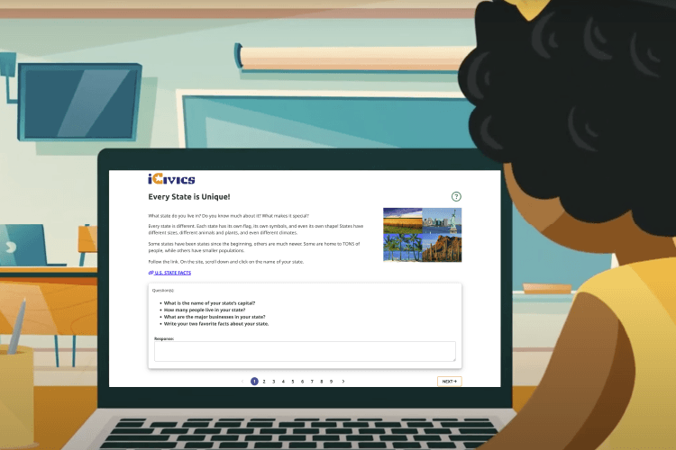 Animated student playing States Rule WebQuest