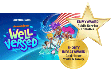 Well Versed title card overlayed with awards medallions for Shorty Impact Award and Emmy