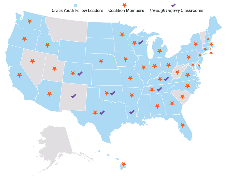 map of the united states with legend indicating blue for iCivics Youth Fellow Leaders, orange stars for coalition members, and purple checkmarks for Through Inquiry classrooms