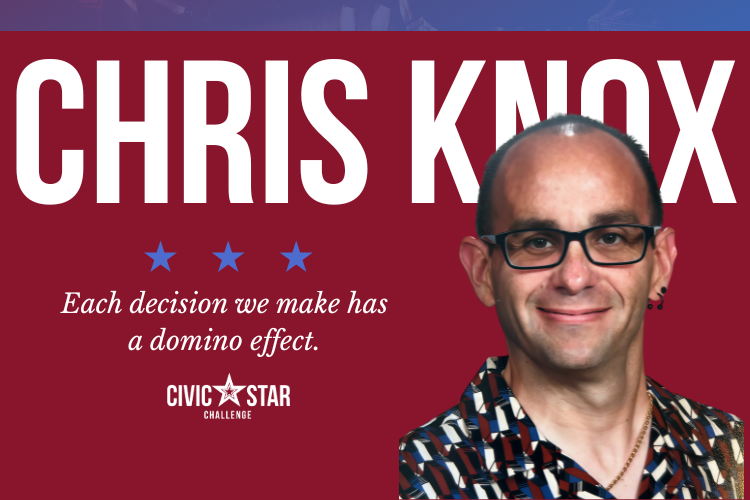 Educator Chris Knox with quote, "Each decision we make has a domino effect."